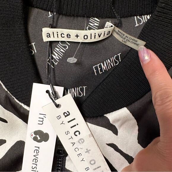Alice + Olivia Reversible Zebra Feminist Bomber Jacket NWT Size Large - Picture 15 of 17